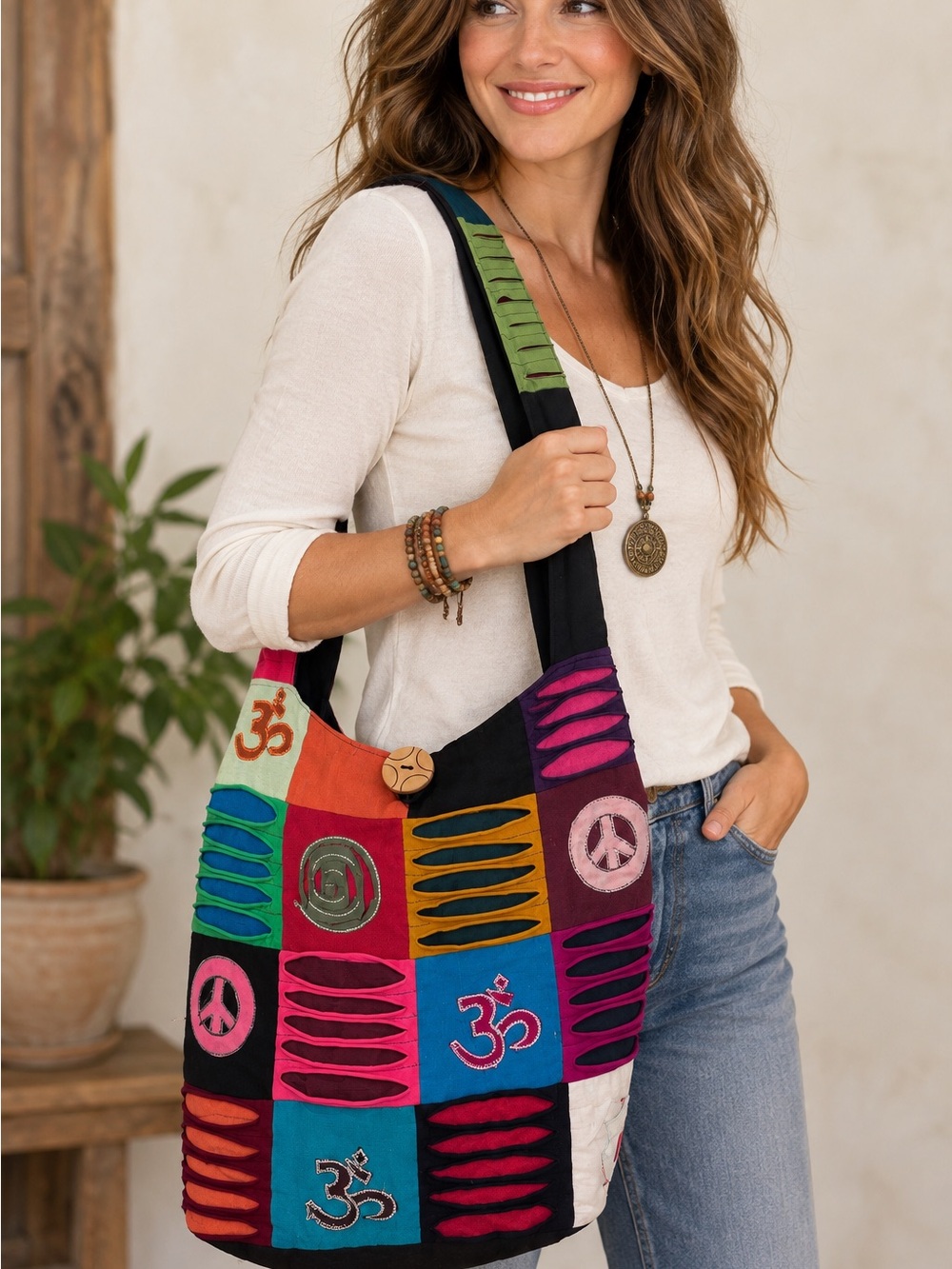 Tribe Azure Fair Trade Patchwork Crossbody Bag Peace Om Boho Hippie